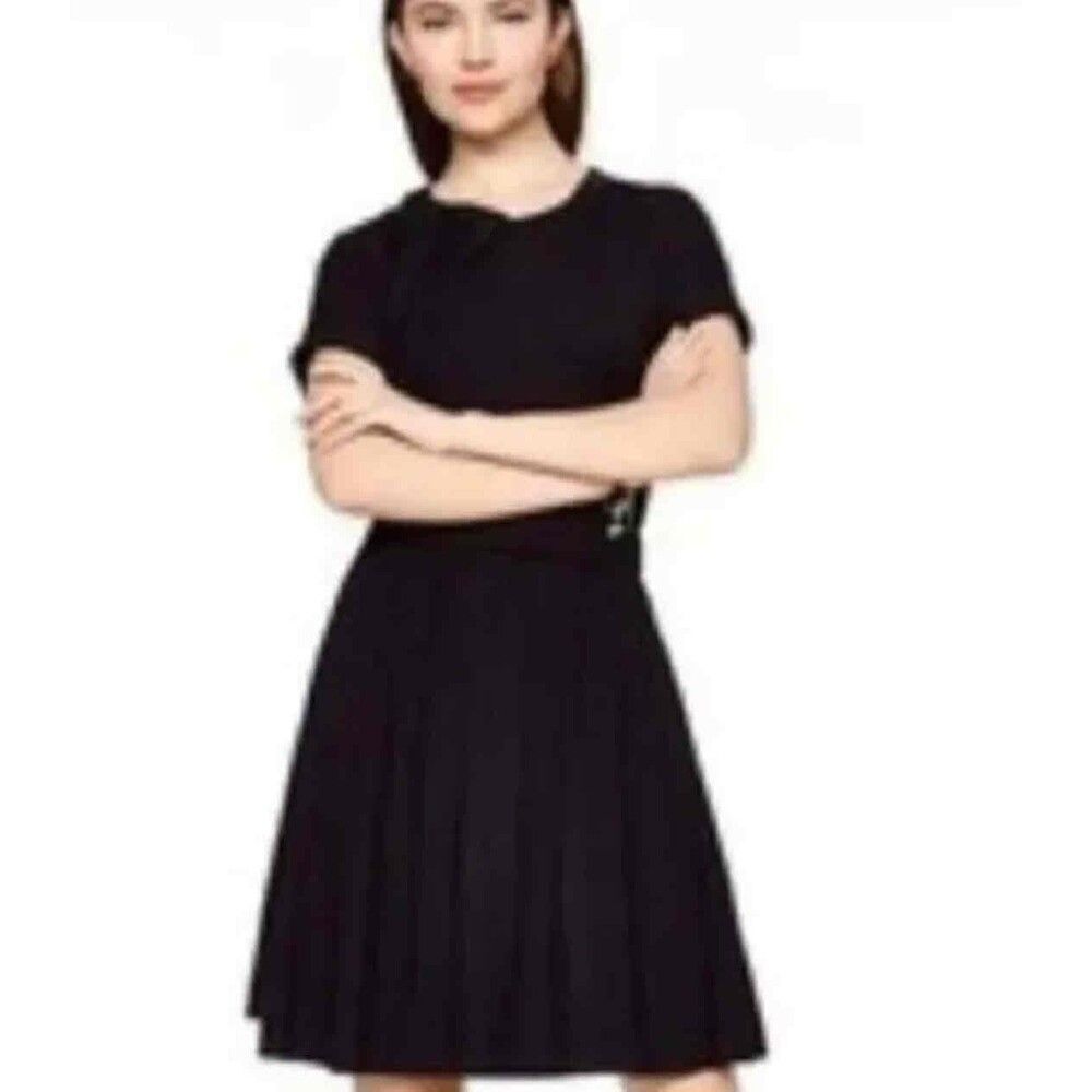 Kate Spade Women Short Sleeve Dress Black Flared Hem Dress with Bow Detail XS